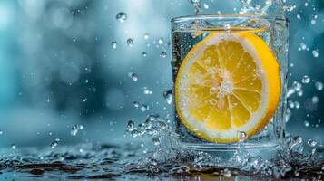 ai generiert ein Zitrone Hälfte stürzt in ein kristallklar Glas von Wasser, Erfassen ein erfrischend Moment foto