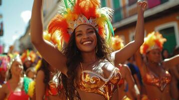 ai generiert Tänzer im gefiedert Kleidung Bewegung zu das ansteckend schlägt von Samba foto