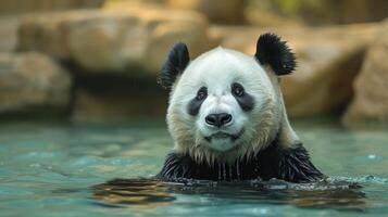 ai generiert ein Panda genießt ein gemächlich einweichen im ein Cool, erfrischend Schwimmbad. groß Copyspace Bereich foto