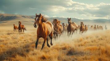 ai generiert ein Herde von wild Pferde galoppiert frei über ein fegen, unberührt Landschaft foto