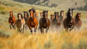 ai generiert ein Herde von wild Pferde galoppiert frei über ein fegen, unberührt Landschaft foto