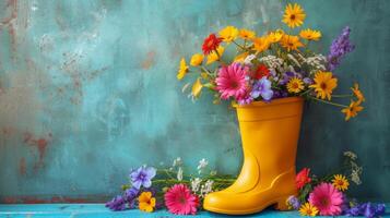 ai generiert ein hell Gelb Regen Stiefel gefüllt mit bunt Frühling Blumen foto