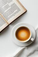 ai generiert ein minimalistisch Darstellung von ein öffnen Buch und ein Tasse von Kaffee auf ein Weiß Hintergrund foto