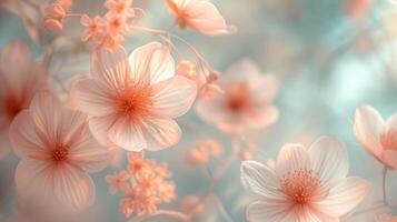 ai generiert zart Blumen- Muster und Blütenblätter im Sanft Pastell- Farbtöne hervorrufen das Schönheit von Blühen Blumen foto