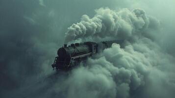ai generiert inmitten wirbelnd Wolken von Dampf, es erscheint rätselhaft, andeutend beim unerzählt Abenteuer foto