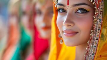 ai generiert Blickfang Fotografien von Teilnehmer gekleidet im traditionell indisch Kleidung geschmückt foto