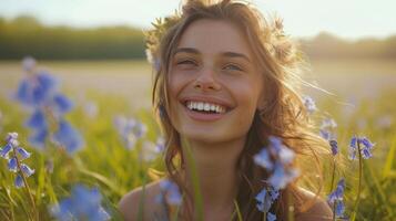 ai generiert ihr Lachen Echos durch ein Feld von Glockenblumen, ein Testament zu Frühling freudig Ankunft foto