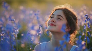 ai generiert ihr Lachen Echos durch ein Feld von Glockenblumen, ein Testament zu Frühling freudig Ankunft foto