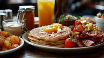 ai generiert beiläufig Brunch Flecken Angebot wohltuend Klassiker mögen flauschige Pfannkuchen foto