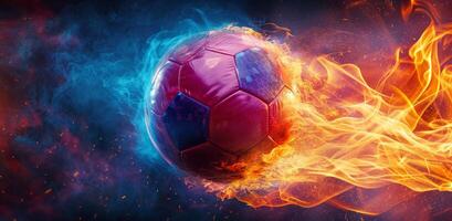 ai generiert ein Fußball Ball mit Feuer und Regenbogen bewirken foto