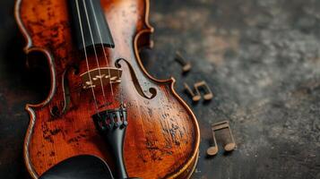 ai generiert minimalistisch Darstellung von ein Violine und verstreut Musical Anmerkungen foto