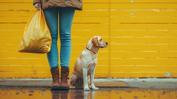 ai generiert minimalistisch Szene zeigen ein Mädchen halten ein Tasche, bereit zu sauber oben nach ihr Hund foto