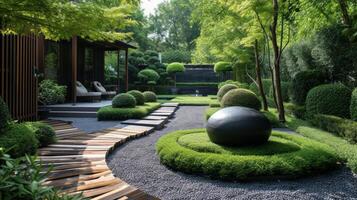 ai generiert sauber und modern fotografieren Hervorheben das skulptural Elemente und künstlerisch Eigenschaften von ein Garten Design foto