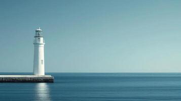 ai generiert minimalistisch Erfassung von ein Leuchtturm Stehen hoch gegen das still Meer Hintergrund foto