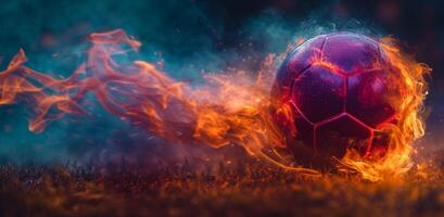 ai generiert das Fußball Ball ist Verbrennung im ein rot Flamme foto