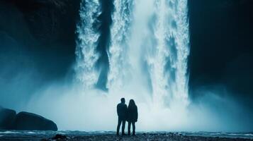 ai generiert minimalistisch Foto präsentieren ein zärtlich Moment zwischen ein Paar gegen ein Kaskadierung Wasserfall