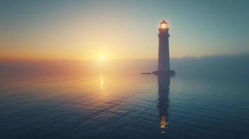 ai generiert minimalistisch Schuss symbolisieren hoffen und Orientierungshilfe, mit ein Leuchtturm mit Blick auf das Ruhe Wasser foto