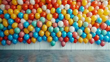 ai generiert einnehmend Bild präsentieren ein Mosaik von bunt Luftballons gegen ein minimalistisch Rahmen foto