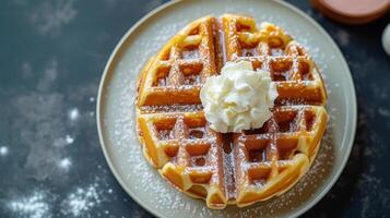 ai generiert einfach noch raffiniert Darstellung von Belgier Waffeln serviert mit ein Klacks von ausgepeitscht Sahne foto