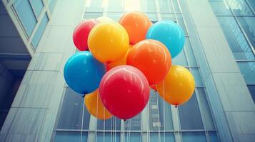 ai generiert einnehmend fotografieren präsentieren ein elegant Anzeige von bunt Luftballons gegen ein minimalistisch Hintergrund foto