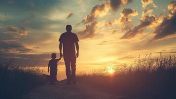 ai generiert Vater und Sohn gehen Hand im Hand über ein Feld gegen das Hintergrund von Sonnenuntergang foto
