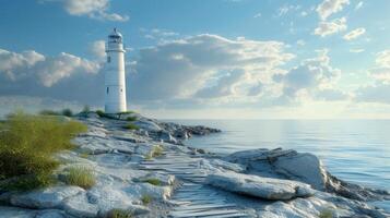 ai generiert sauber und elegant Komposition Angebot ein malerisch Aussicht von ein Leuchtturm gegen das still Seelandschaft foto