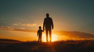 ai generiert minimalistisch Bild mit ein Vater und Kind Silhouette gegen ein Sonnenuntergang Hintergrund foto