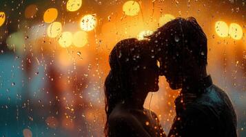 ai generiert elegant Bild präsentieren ein Paar ausdauernd Liebe inmitten das heiter Schönheit von Regenfall. foto