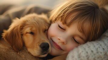 ai generiert ein Kind und ein Welpe, Teilen ein Moment von bedingungslos Liebe und Gesellschaft foto