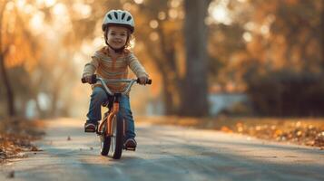 ai generiert ein Kinder stolz Moment, Reiten ein Fahrrad ohne Ausbildung Räder zum das zuerst Zeit foto