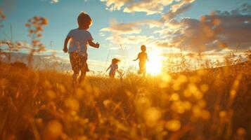 ai generiert ein Familie Picknick, mit Kinder spielen Etikett im ein Feld, das Freude von einfach Freuden foto