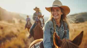 ai generiert ein Gruppe von freunde Lachen freudig wie Sie Reiten ihr Pferde entlang ein szenisch Weg foto