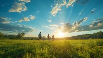 ai generiert ein Familie Picknick, mit Kinder spielen Etikett im ein Feld, das Freude von einfach Freuden foto