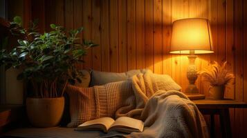ai generiert ein friedlich Szene von jemand lesen ein Buch im ein gemütlich Ecke mit warm Beleuchtung foto