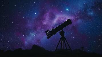 ai generiert ein Teleskop silhouettiert gegen ein sternenklar Nacht Himmel, ein Tor zu das Universums Geheimnisse foto