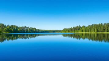 ai generiert ein still See reflektieren das klar Blau Himmel, Erstellen ein Sinn von Gelassenheit und innere Frieden foto