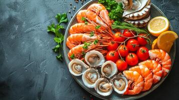 ai generiert lecker plattiert Meeresfrüchte Teller, präsentieren das Leistungen von ein ausgewogen Diät foto
