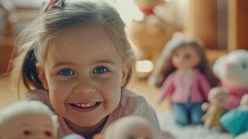 ai generiert das glücklich Mädchen strahlt froh Unschuld während spielen mit ihr Puppen foto