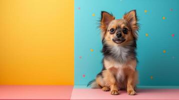 ai generiert bezaubernd flauschige Hunde gegen ein minimalistisch Hintergrund mit spielerisch geometrisch Formen und Pastell- Farben foto