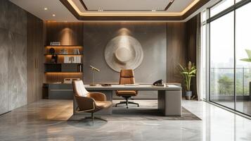 ai generiert stilvoll Zuhause Büro mit ein glatt Schreibtisch und modern Dekor foto