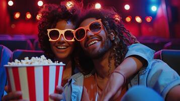 ai generiert ein schön jung Paar ist Sitzung im ein Kino mit ein gestreift Eimer von Popcorn foto