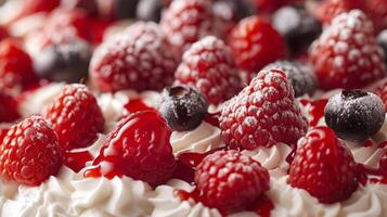 ai generiert ein Nahansicht von ein lecker Nachtisch, geschmückt mit frisch Beeren und ein Nieselregen von Soße foto