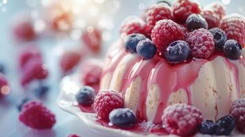 ai generiert ein Nahansicht von ein lecker Nachtisch, geschmückt mit frisch Beeren und ein Nieselregen von Soße foto