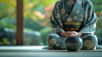 ai generiert ein traditionell Tee Zeremonie im Kyoto, wo kompliziert Rituale und Jahrhunderte alt Traditionen erstellen foto