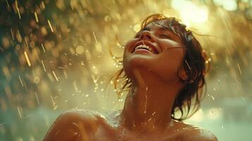 ai generiert ein Frau Tanzen im das Regen, ihr Gesicht gedreht nach oben mit ein breit Lächeln wie sie schwelgt im das einfach Freude von das Moment foto