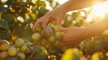 ai generiert inmitten uralt Feige Bäume, Hände versammeln reif Frucht. gesprenkelt Sonnenlicht, erdig Aroma foto