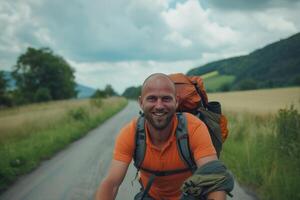 ai generiert glücklich Mann Wandern im seine Berg Fahrrad, auf Straße im Landschaft foto