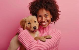 ai generiert glücklich Frau mit Hund, lächelnd foto