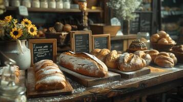 ai generiert erfüllen das Sinne mit rustikal Bäckerei Freuden. golden Brote von brot, flockig Gebäck foto