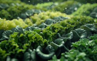 ai generiert verschiedene anders Typen von Grüner Salat mit Reihen im das Feld foto